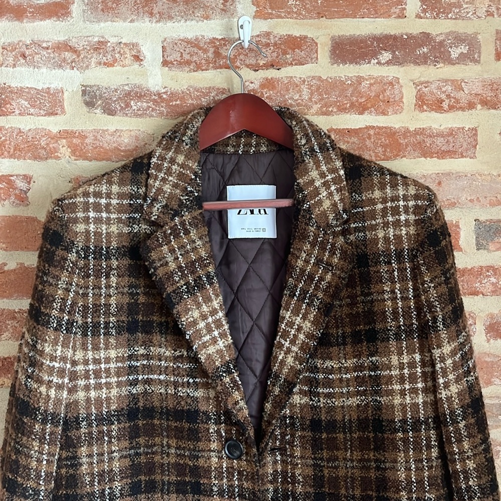 Zara Plaid Quilted Top Coat Size Large, Brown
